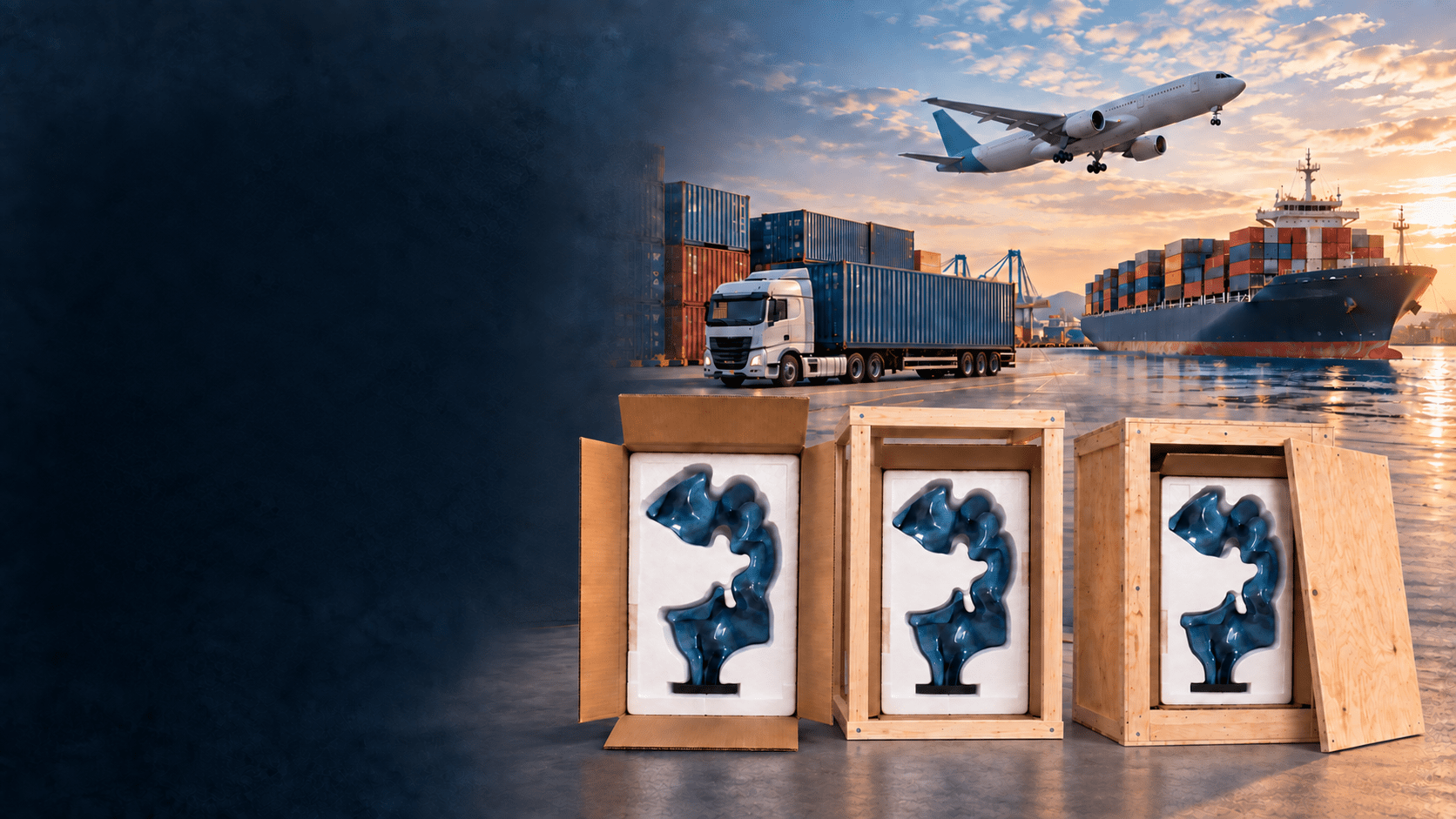 Evelyn export packaging with foam, carton, wood crate and global delivery