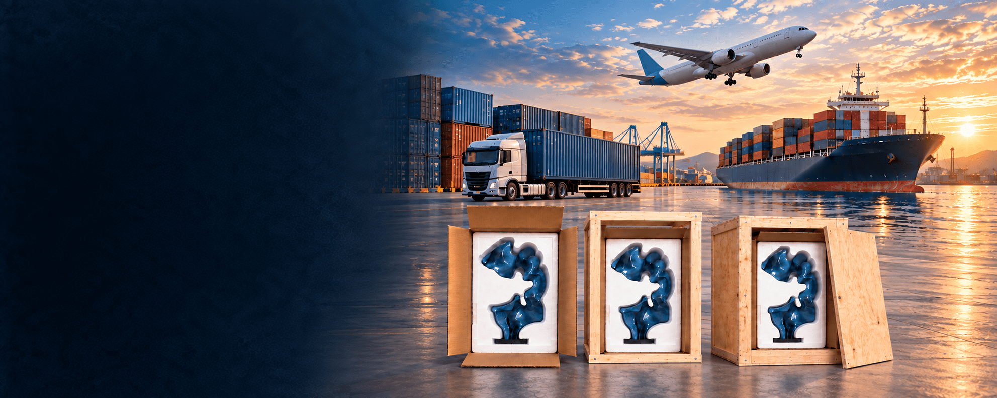 Evelyn export packaging with foam, carton, wood crate and global delivery