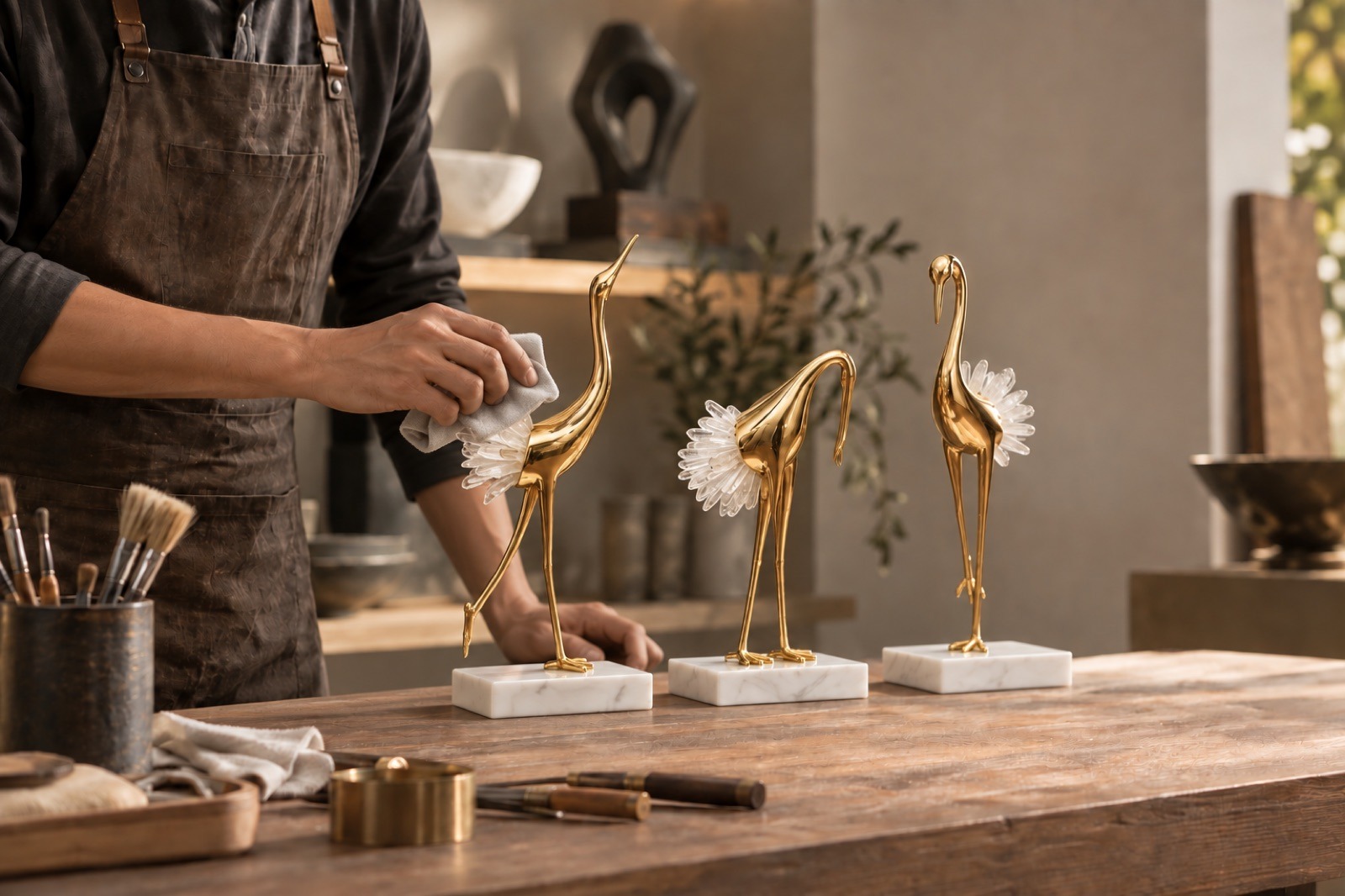 Evelyn artisan hand-finishing gold crane home decor
