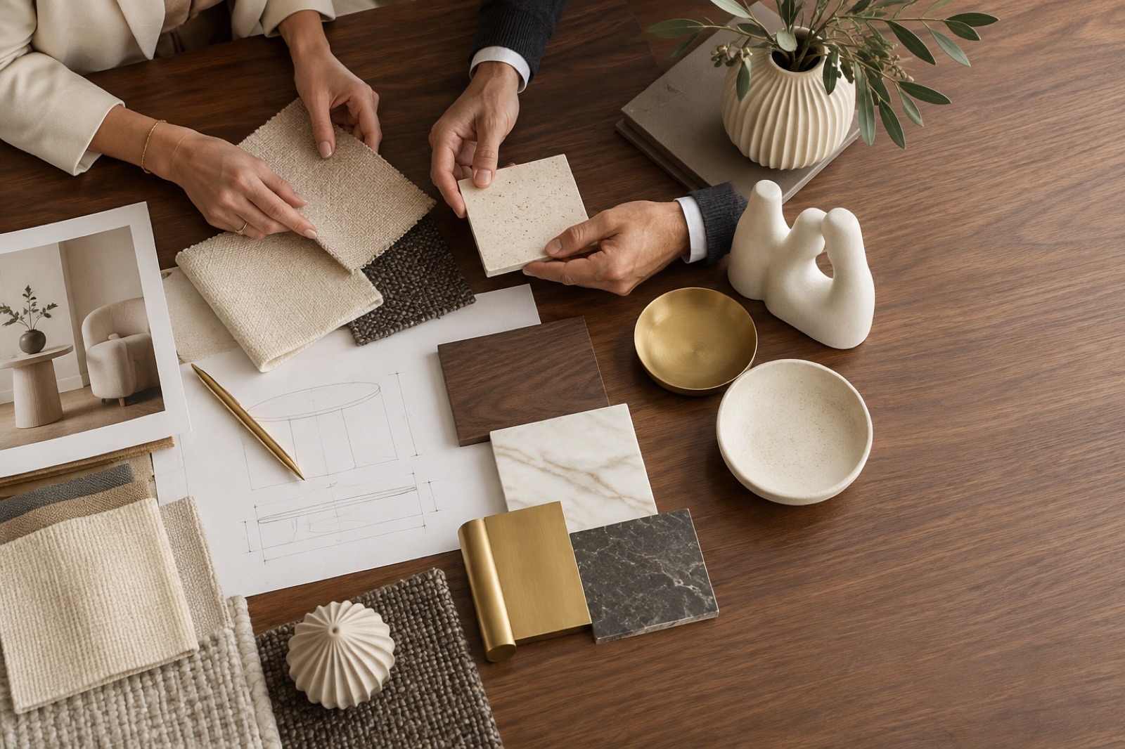 Evelyn sourcing team reviewing decorative materials and samples
